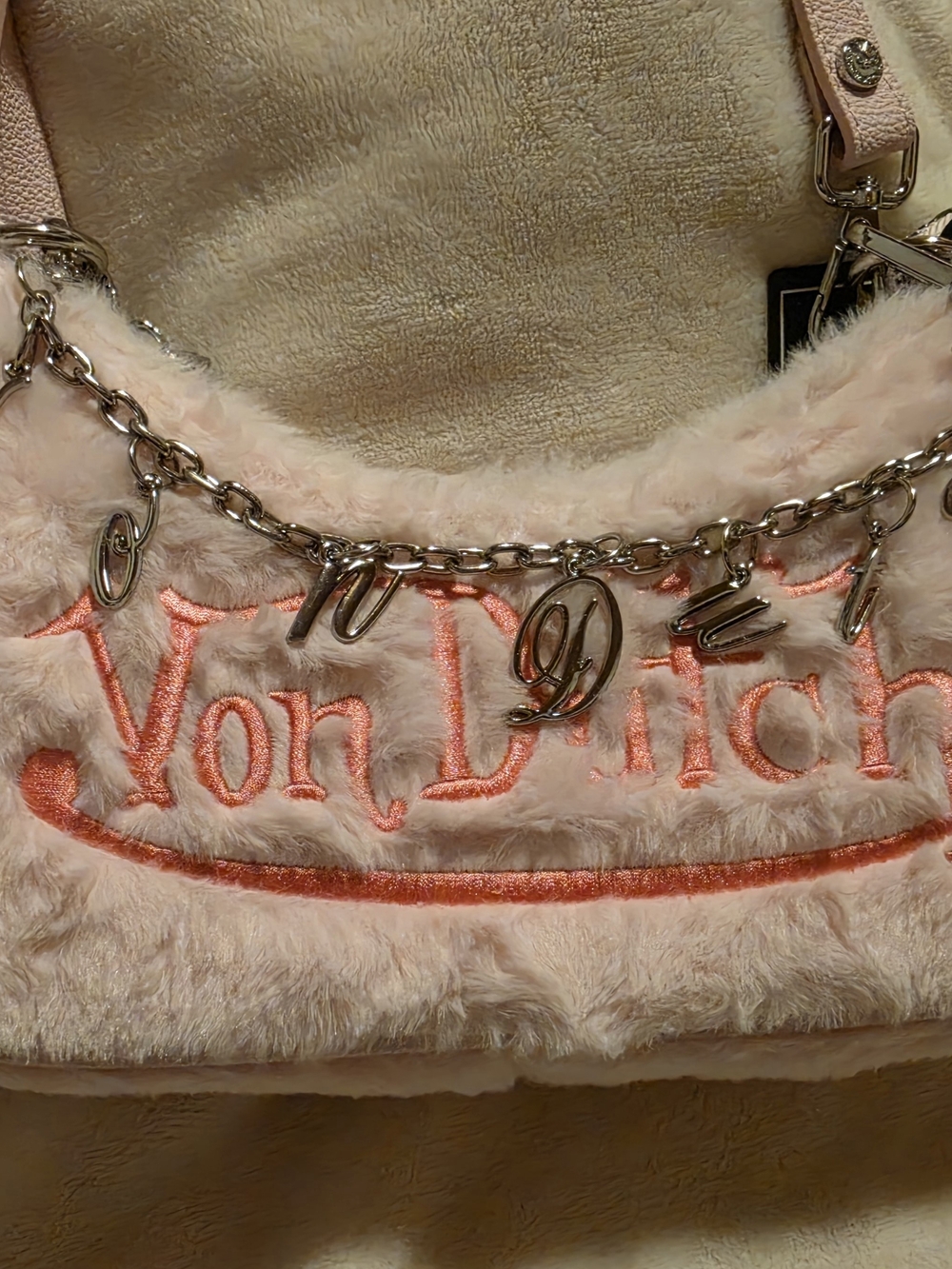Von Dutch Pink Faux Fur Shoulder Bag with Charm Chain New With Tags